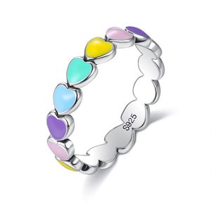 Autentisk Sterling Silver Staplable Rainbow Heart Finger Ringar för Kvinnor Romantisk Förlovningsring Fina Smycken Bästa Z2