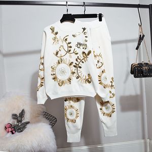 New Autumn Winter tracksuits Tops Women Set Embroidery Sweater Knitted Pencil Pants Two Piece Outfits Female Casual White Pullover Top Knit Trousers 2pcs