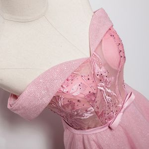 Off The Shoulder Pink Prom Dress Ball Gown Party Gowns Tulle With Floral Embroidery On Sale Now !!!