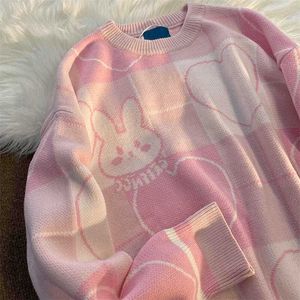 Japansk vintage rosa tecknadsticka harajuku tröja kvinnor höst o nacke långärmad pullovers preppy stil oversize jumpers 211221
