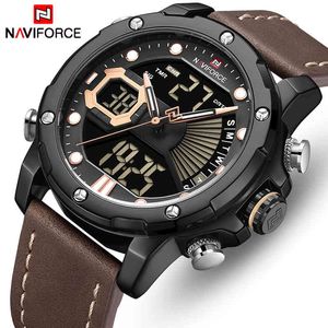 Mens klockor Naviforce Fashion Sports Quartz Watch Men Läder Vattentät Armbandsur Led Analog Digital Clock Relogio Masculino 210517