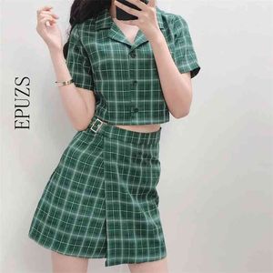 Donne Due pezzi Set Vintage Plaid Mini Gonna Mini Gonna Donne Camicie Estate Sexy Crop Top Top Womens S 210521