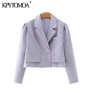Women Fashion Double Breasted Cropped Blazer Coat Vintage Puff Long Sleeve Pockets Female Outerwear Chic Tops 210416