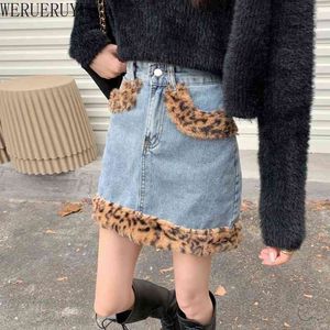 WERUERUYU Kadınlar Seksi Yüksek Bel Leopar Baskı Denim Etek Vintage Bodycon Kalem Etekler Streetwear Kore Moda Mini Etekler 210608