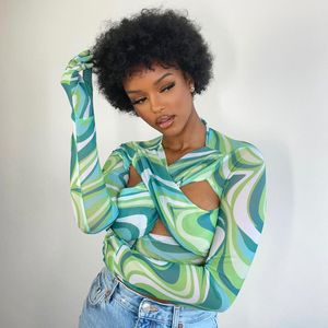 Tie Dye Print Mesh Sexy Women Tops Long Sleeve Bandage Slim See Through T Shirt With Green Gloves Summer Cut-Out Wrap T-Shirts 210515