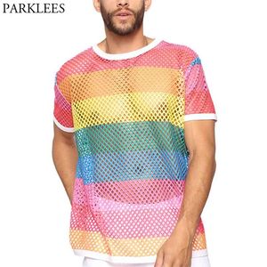 Mäns Rainbow Mesh See Through Fishnet T Shirt Sexig Kortärmad Transparent Tshirt Homme Hip Hop Streetwear Camisetas 5xL 210707