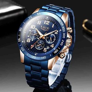LIGE Mens Watches Top Brand Luxury Blue Stainless Steel Quartz Watch Men Fashion Waterproof Chronograph Sport Watches 210527