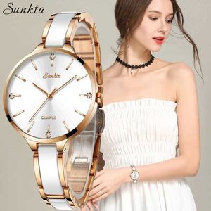 Sunkta Watch Luxury Women Watch Ladiesクリエイティブな女性のセラミックブレスレット時計女性の時計モントトレフェムミロジオFeminino 210527