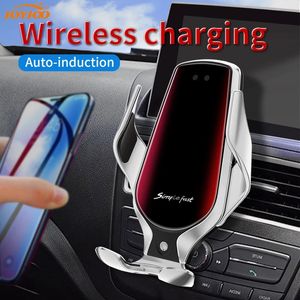 Infraröd Wireless Car Charger Holder R3 för iPhone 11 Pro Max Samsung S10 Note 9 Auto Clamping Fast Laddning Luftventilhållare Stöd Xiaomi Huawei smartphone