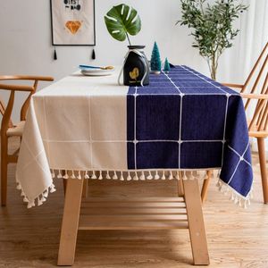 Wholesale blue tablecloths for sale - Group buy Table Cloth Creative Cotton Linen Tablecloth Blue Plaid Splicing Tassel Washable Dust proof Home Cover Fabric