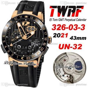 TWAF Executivo El Toro Un-32 Mens automático Assista GMT Perpétua Calendário Rose Ouro Preto Texturizado Dial Strap 326-03-3 Super Edição 2021 Relógios Puretime A1