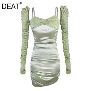 [Дикс] Летняя мода твердый цвет с длинным рукавом высокая талия нерегулярные кружевные темпераментное мини-платье женщин 13Q460 210527
