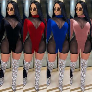 Women's Jumpsuits & Rompers Sexy Women Sheer Mesh Patchwork Velvet Jumpsuit Turtleneck Long Sleeve Skinny Romper Shorts Fashion Night Club P