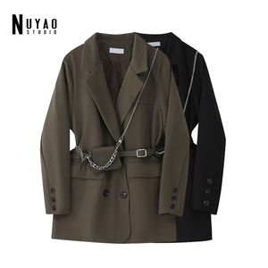 Mulheres bolso grande tamanho blazer lapela manga longa solta vintage apto casaco com bolsa de cintura outono inverno casacos femininos 211006