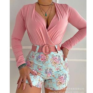 Women's Tracksuits Pink Casual Top Floral Shorts Suit Women Sets 2 Piece Outfits Sexy V-neck Tshirt Tops High Waist