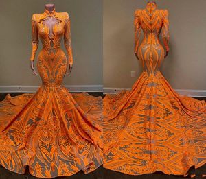 2021 Pomarańczowe sukienki na bal maturę długie rękawy głębokie v szyja seksowna cekinowa afrykańskie czarne dziewczyny fishtail noszenie sukienki plus size326h