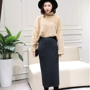 Skirts 70cm High Waist Women Knitted Skirt Spring Autumn With /no Pockets Stretch Office Elegant Casual Ribbed Knitting