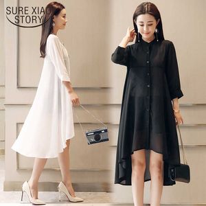 Summer Chiffon Blouse Women Stand Collar Loose Tops Blouses Plus Size Chiffon Kimono Cardigan boho Black White Shirts 4534 50 210528