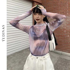 Yedinas Tie-Dye Mesh T-shirt Se genom Turtleneck Långärmade T-shirts Kvinnor Sexig Slim Translucent Basic Tee Thin E Girl Tops 210527