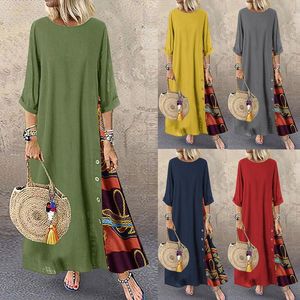 Kvinnor Skriv ut Patchwork Klänning Sommar Sexig O-Neck Button Beach Boho Casual High Low Hem Långärmad Maxi Klänningar Plus Storlek