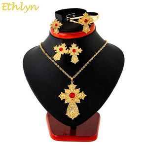 Ethlyn Ethiopian Rhinestone Cross Jewelry Set Gold Color Necklace/Earrings/Ring/Bangle Habesha Africa Wedding Gifts S110 H1022
