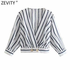 ZEVITY Kadınlar Vintage Cross V Boyun Çizgili Baskı Kısa Smock Gömlek Kimono Bluzlar Ofis Bayanlar Keten Roupas Blusas Tops LS9228 210603