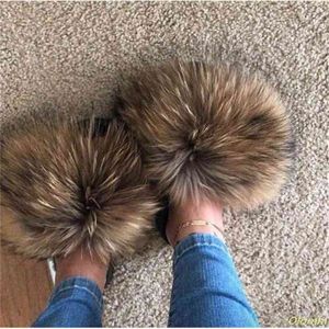 Pantofole per capelli veri Donna Pelliccia di procione Ciabatte soffici Jaia Furry Appartamenti estivi Scarpe da donna dolci di grandi dimensioni 45 all'ingrosso Q0523