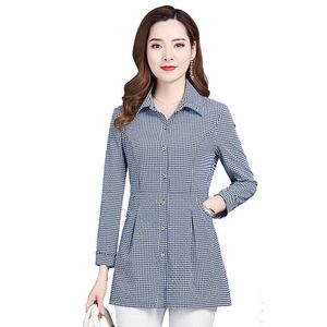 Formal Office Work Wear Women Spring Autumn Style Blouses Shirts Lady Casual Plaid Printed Turn-down Collar Blusas Tops DF2965 210609