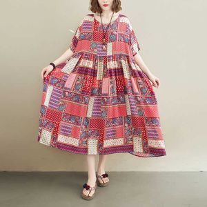 Nuovo 2021 Estate Cotone Lino Abiti da donna Vintage Plaid Print Holiday Lady Vestido Femme Plus Size Beach Boho Maxi Sundr5XL X0621