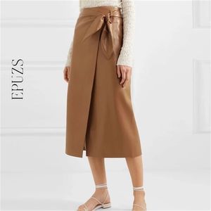 Vintage Bow Slips PU Läder Kjolar Kvinnor Streetwear Kvinna Casual High Waisted Midi Skirt Faldas Mujer 210521