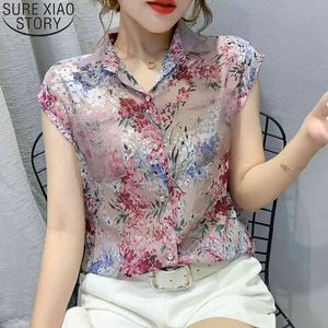 Yaz Bluz Kolsuz Gömlek Kadınlar Vintage Çiçek Baskı Bluzlar Bayanlar Blusas Mujer Casual Şifon Gömlek Tops 10225 210417