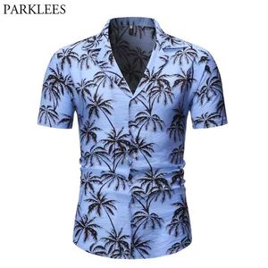 블루 하와이 셔츠 남성 여름 짧은 소매 팜 트리 인쇄 버튼 Aloha Shirts Mens 휴일 파티 Camisa Hawaiana 2XL 210522