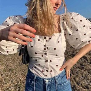 Foridol Vintage Polka Dot Bluzka Topy Latarnia Przycisk Rękawów Up Crop Tops Biały Chic Casual Boho Lato Jesienne Topy 210415