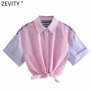 Zevity Frauen Süße Patchwork Gestreiften Druck Rosa Kurze Kittel Bluse Weibliche Saum Bowknot Breasted Hemd Chic Crop Tops LS9210 210603