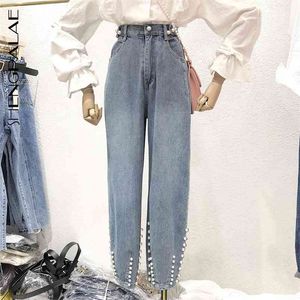 Höst casual jeans kvinna långa byxor cowboy kvinnlig lös streetwear höga midja pärlor byxor za5283 210427