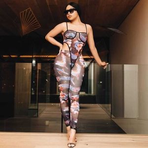 Fashion Print Sheer Mesh Pants Set Clubwear Se genom Jumpsuit Kvinnor Tvådelar Outfits Bodysuit Leggings D57-CD18 X0709