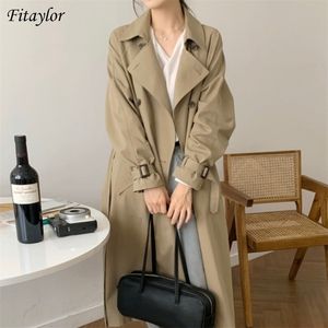 Spring Women Double-breasted Tailored Collar Long Trench with Belt Loose Solid Sleeve Jacket Coat 210421