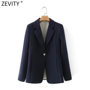 Women Fashion Single Button Navy Blue Fitting Blazer Coat Office Long Sleeve Business Femme Outerwear Chic Tops CT687 210420