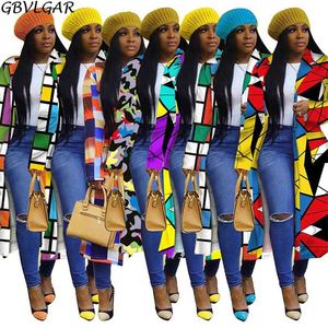 Vinterfärg Block Långärmad Outwear Plus Size Plaid Print Trench Coat för kvinnor Eleganta överdimensionerade lösa kappor och jackor 210923