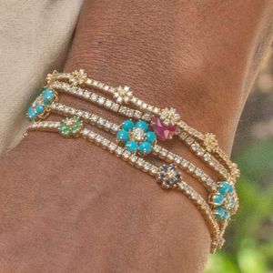 2021 Spring Arrived Fashion Jewelry mm Prong Set CZ Tennis Chain Rainbow Daisy Flower Charm Colorful Bracelet
