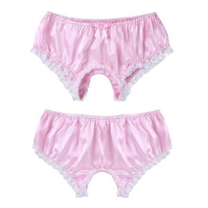 Mens Sissy Open Crotch Briefs Male Skirted Gay Underwear Sexy Soft Shiny Satin Ruffled Lace Trim Panties Men Crotchless Thongs Underpants