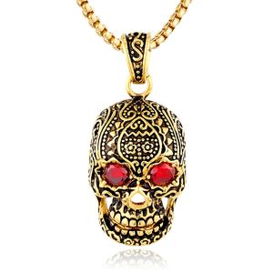 Argento antico Oro Blu Nero Donna Biker Punk Collana da uomo con testa di teschio pendenti occhio rosso Gioielli ciondolo in acciaio inossidabile con pietra rubino cz