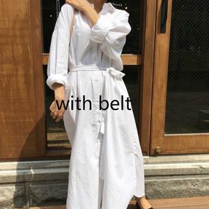 LANMREM 2021 New Autumn Fashion Tide White Turn-down Collar Long Sleeve Single Breasted Pockets Sashes Woman Dress SA991 Y0706