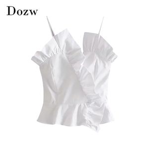 Sexig Ruffled Cotton Camisole Kvinnor Elegant Vit Spaghetti Strap Top Ladies Solid Söta Baklösa Toppar Ropa Mujer 210515