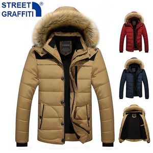 Män Vinter Märke Tjock Vindskyddad Varm Fleece Jacka Parkas Coat Män Höst Fur Collar Avtagbar Hatt Parkas Jackor Män 211104