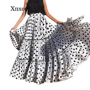 Kjolar kvinnor hög midja polka dot tryckt lång kjol lös a-line ruffled pläterad maxi kväll fest Jupe femme ankel plus