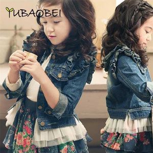 Girls Outerwear Baby Clothes Fall Winter Fashion Lace Hem Toddler Kids Denim Jacket Long Sleeve Ruffle Jean Coat 211204