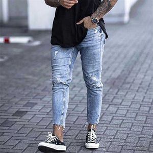 Casual Skinny Jeans Ankle Length Ripped Denim Pant Zipper Fly Men Clothing Cut Bottom Pencil Pant Light Blue Cowboys Streetwear 211104