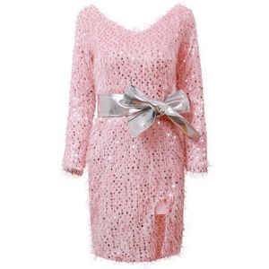 PERHAPS U Pink Sequin Tassel Belt Long Sleeve Mini Short Pencil Dress V Neck Winter Autumn Elegant Sexy Party D0873 210529