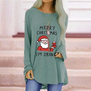 Śliczne Boże Narodzenie Santa Drukuj Kobiety T-shirt Moda Casual Luźny Z Długim Rękawem Wiosna Jesień Dama Topy Plus Rozmiar S-3XL W769 210526